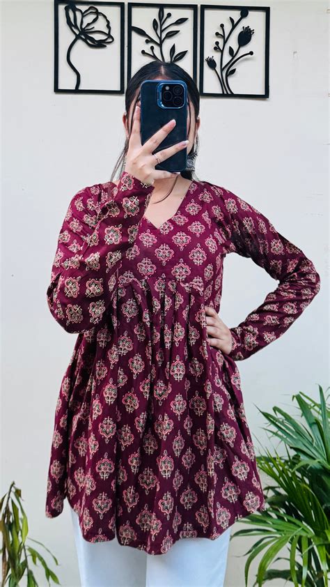 Cotton Flared Maroon Aliacut Ajarakh Print Peplum Top – Anshita Collections