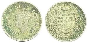 1943 British India Half Rupee Silver Coin, George VI, Bombay Mint, Dot ...