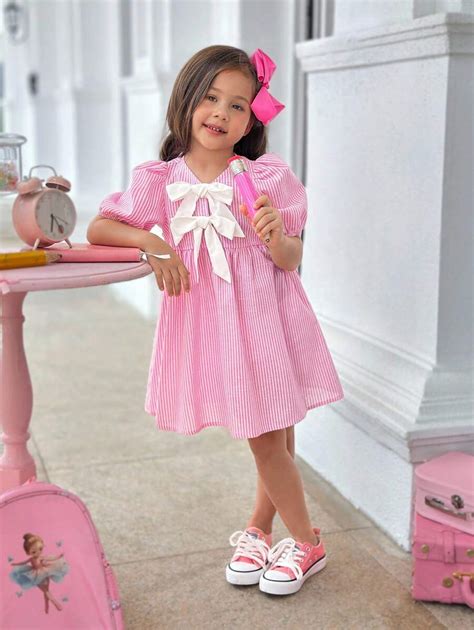 SHEIN Young Girl Casual Simple Comfortable Round Neck Puff Sleeve Bow ...