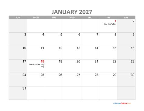 January Calendar 2027 with Holidays | Calendar Quickly