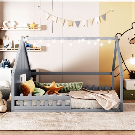 Harper Orchard Full Size Wood House Bed With Window And Fence, Finish ...