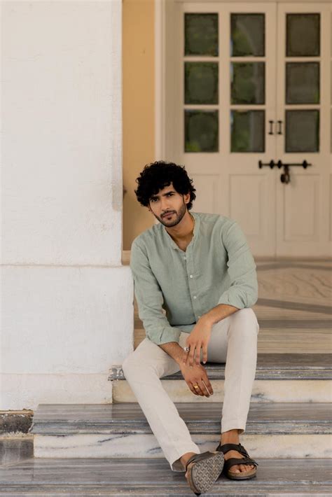 Shop Mandarin Collar Sage Hairline Stripe Shirt ‚Äì Linen Shirts for ...