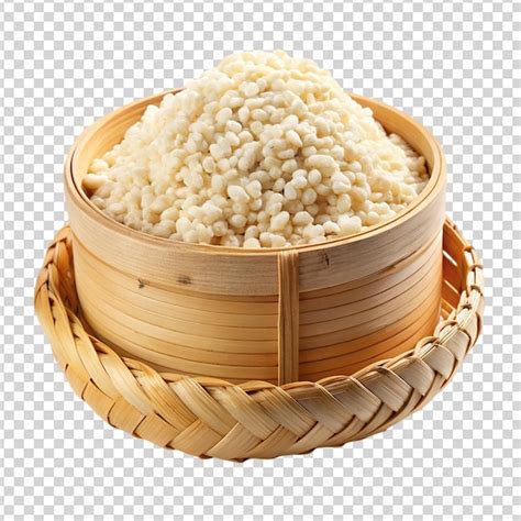 Puffed rice in a bamboo basket isolated on transparent background ...