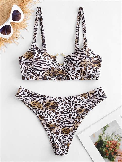 ZAFUL U-bar Ribbed Animal Print Bikini Swimsuit MULTI-A MULTI-B ...