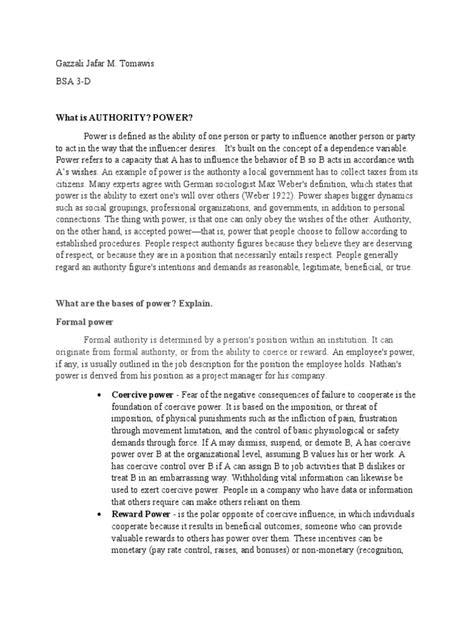 What Is Authority? Power?: What Are The Bases of Power? Explain. Formal ...