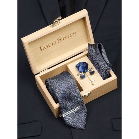Buy Louis Stitch Men Spruce Blue Silk Necktie Accessory Gift Set Online