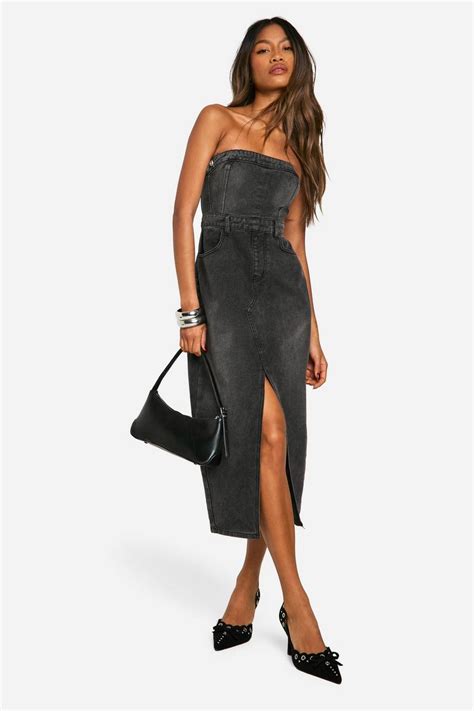 Denim Bandeau Split Front Midi Dress | boohoo AU