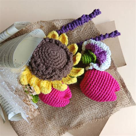 Handmade Crochet Flower Bouquet with Sunflower, Tulips, Lavender and C ...