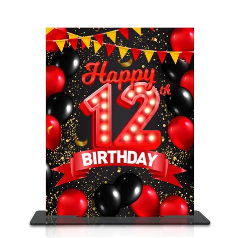 Happy 12th Birthday Black & Red Balloon Acrylic Table Poster ...