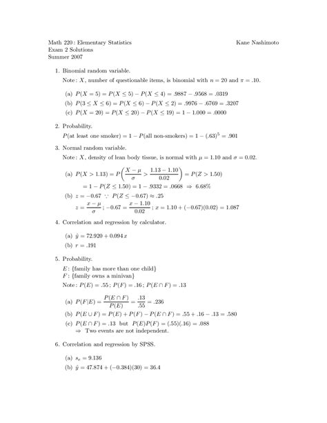 Elementary Statistics - Final Exam 2 with Solutions | MATH 220 - Docsity