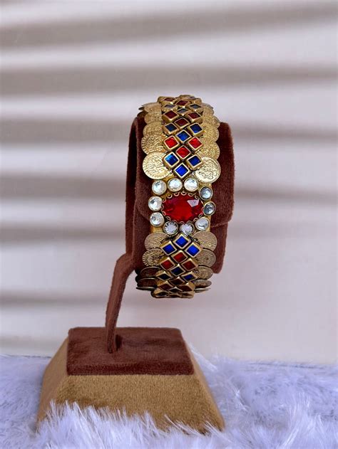Red and Blue Dual Colour Coin Large Kada Silk Thread Kundan Bangle ...