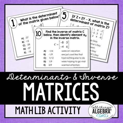 Determinants & Inverse Matrices Math Lib Activity - All Things Algebra®