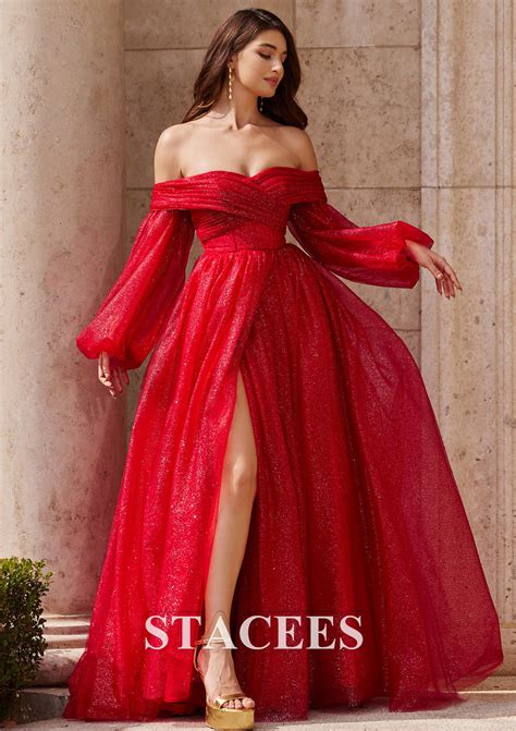 A-line Princess Off-the-Shoulder Full/Long Sleeve Sweep Train Tulle ...