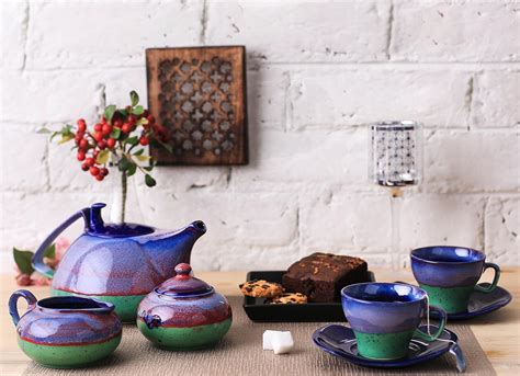 Buy Caffeine Ceramic Handmade Tea Set with Kettle Blue & Green Studio ...