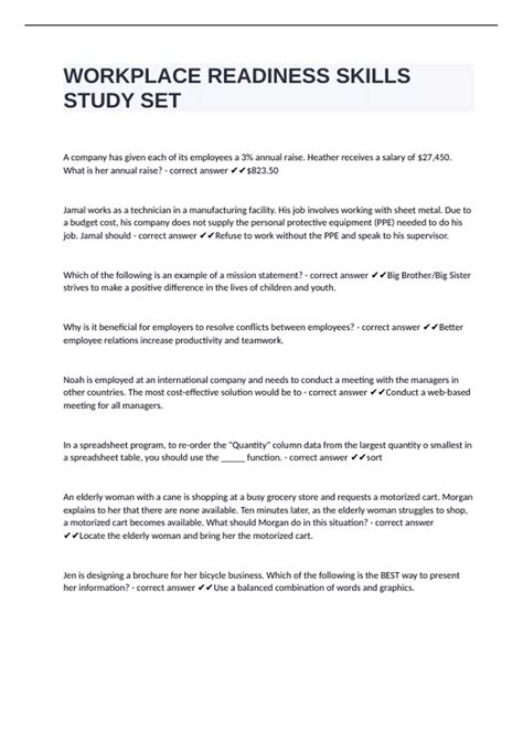 WORKPLACE READINESS SKILLS STUDY SET with complete solutions - CTECS ...