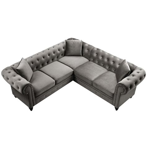 Glacier solid Wood 5 Seater Fabric L Shape Chesterfield Sofa for Livin ...
