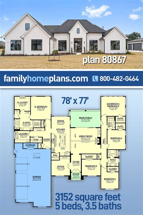 Plan 80867 | Farmhouse, Traditional House with 5 Bed, 4 Bath, 3 Car ...