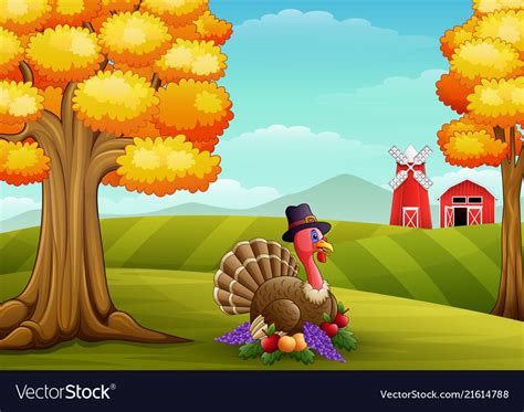 Cartoon turkey in farm background Royalty Free Vector Image