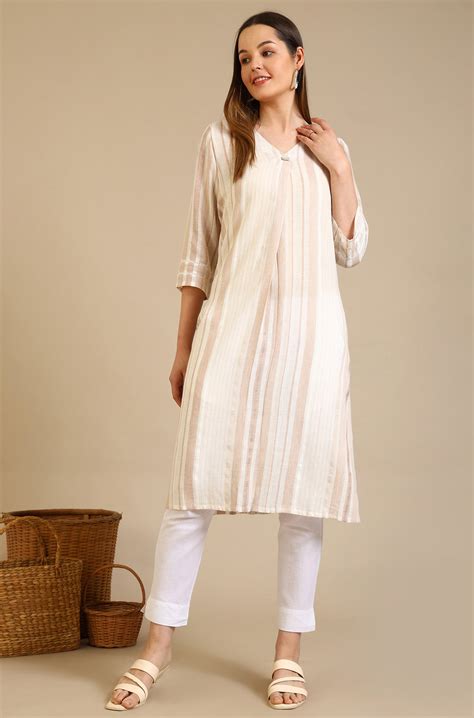 Buy Beige Striped Rayon Flax Straight Kurta Online for Woman | Shop for ...