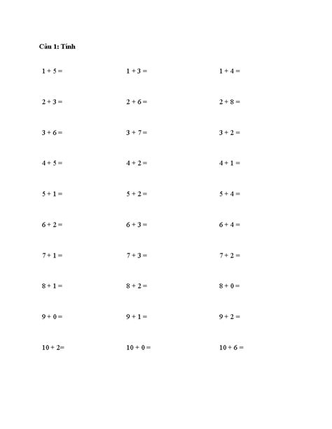Bài tập cho các bạn - Câu 1: Tính 1 + 5 = 1 + 3 = 1 + 4 = 2 + 3 = 2 + 6 ...
