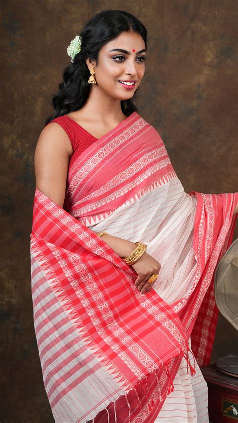 Tangail Off White Red Saree Striped Border