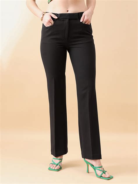 Bell Bottom Mid Waist Stretch Trouser - BLACK