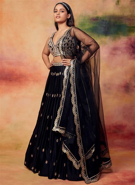 Black and Gold Embroidered Satin Lehenga – Lashkaraa India