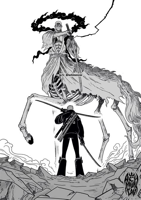 roronoa zoro and ethan-baron v. nusjuro (one piece) drawn by achmunzav ...