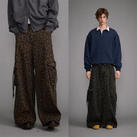 Washed Old Large Pocket Overalls, Vintage Leopard Print Wide Leg Pants ...