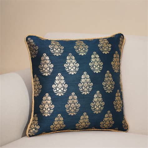 Dark Blue Foil Print Cushion Cover with Satin Twisted Dori