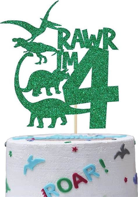 TrifleArte Dinosaur Cake Topper | Green Glitter Rawr I'm 4 Cake Topper ...