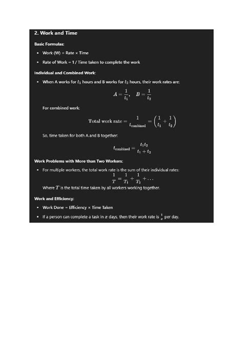 Formulas - 2. Work and Time Basic Formulas: Work (W) Rate x Time Rate ...