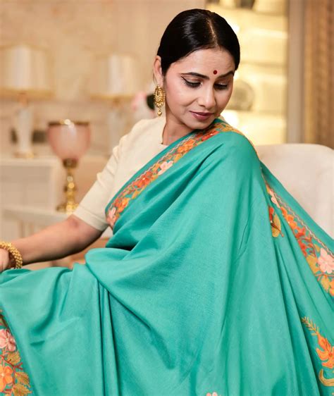 Green Aari Embroidered Silk Crepe Saree – Kashmir origin