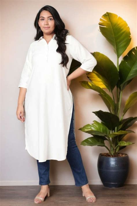 Buy Comfortable White Collar Kurta For Plus Size Ladies | Amydus