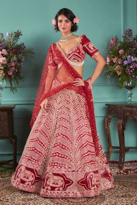 Buy Red Silk, Net Pearls, Zari Sweetheart Zardosi Embroidered Bridal ...