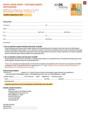 Fillable Online HOTEL DOOR DROP / TOTE BAG INSERT APPLICATION - Shepard ...