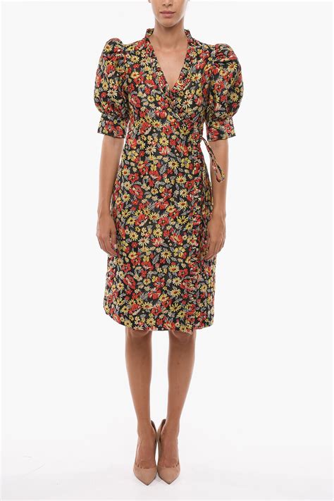 Ganni Floral-jacquard Wrap-around Dress with Puffed Sleeves women ...