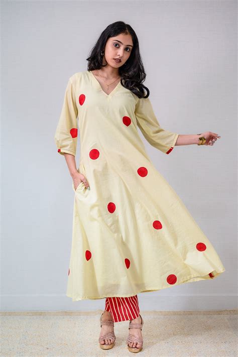 Set of 2- Red Polkas on CreamCotton Kurta & Pants Set -Lobha Deepthis