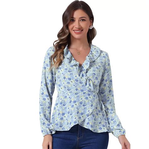 Women's Floral V Neck Wrap Top Long Sleeve Tie Waist Ruffle Peplum Blouse