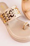 Buy Gold Metallic Laser Cut Angootha Wedges by Tic Tac Toe Footwear ...