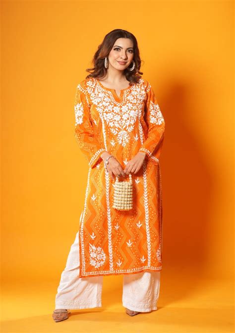 Jugni Orange Mulmul Chikankari Straight Kurta - House of Chikankari