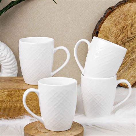 Buy The Earth Store White Check Ceramic Coffee Mug Set of 4, 400ML ...