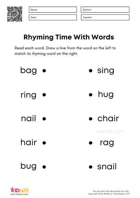 Matching Rhyming Words Worksheets for Kindergarten - Kidpid