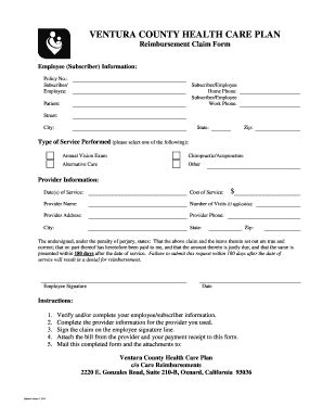 Fillable Online vchealthcareplan Reimbursement Claim Form 2015 ...