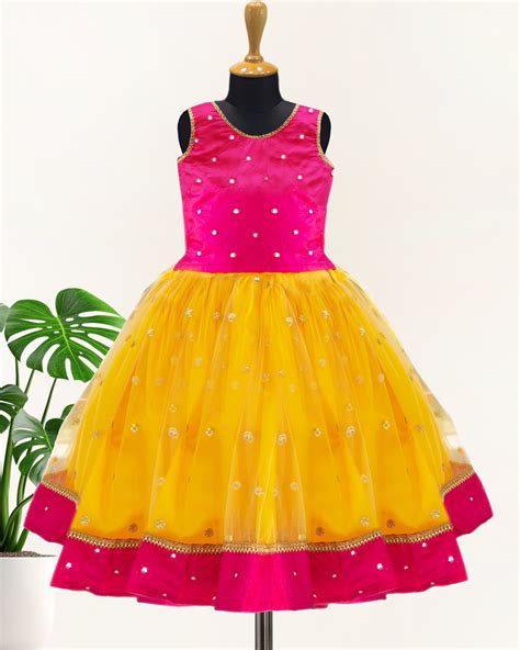Yellow & Magenta Mirror Work Lehenga Choli | Birthday Dress for Baby ...