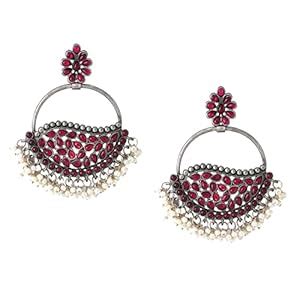 Yellow Chimes Earrings For Women Silver Toned Floral Shaped Pink Stone ...