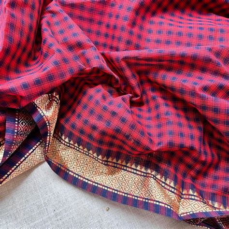 Red & Navy Blue classic Madras Checks in Pure Chettinad Saree – Studio ...