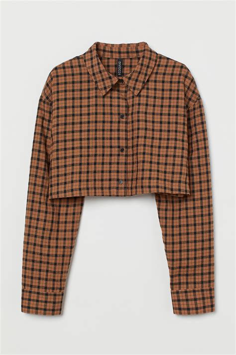 Cropped shirt - Brown/Black checked - Ladies | H&M IN