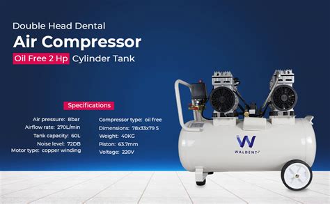 Waldent Double Head Dental Air Compressor Oil-Free 2 HP - Cylindrical ...