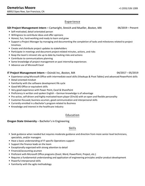 Project Management Intern Resume Samples | Velvet Jobs